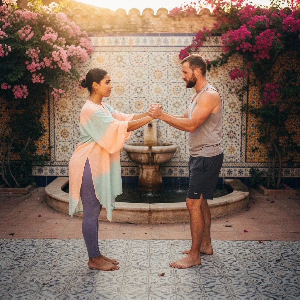 Pareja realizando una postura de yoga en pareja, mostrando confianza y conexión a través del apoyo mutuo.