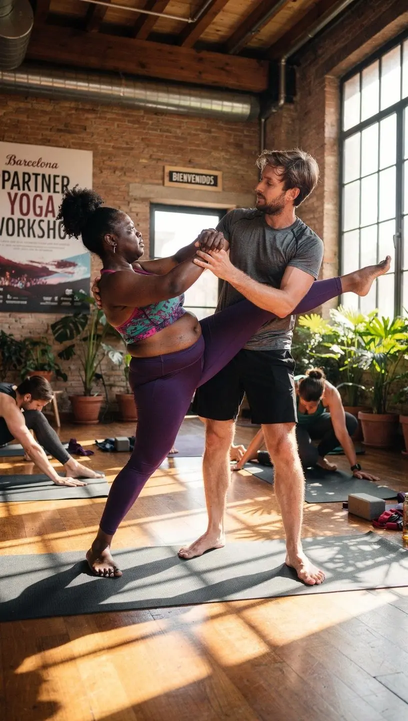 Clases de yoga en pareja con enfoque en la comunicación y el apoyo físico.