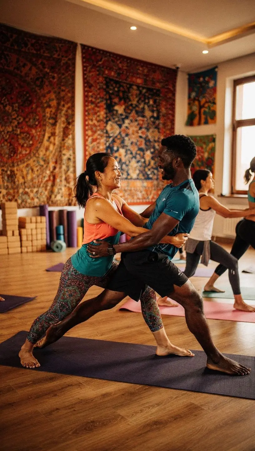 Clases de yoga en pareja con enfoque en la comunicación y el apoyo físico.